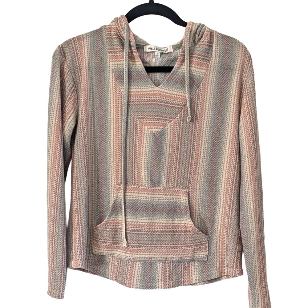 Wallflower Striped Knit Hoodie Sweater M Boho Southwest Kangaroo Pocket Beach